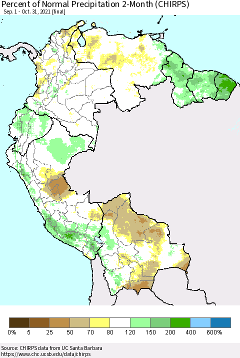 Northern South America Percent of Normal Precipitation 2-Month (CHIRPS) Thematic Map For 9/1/2021 - 10/31/2021