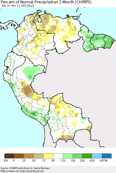Northern South America Percent of Normal Precipitation 2-Month (CHIRPS) Thematic Map For 9/16/2021 - 11/15/2021