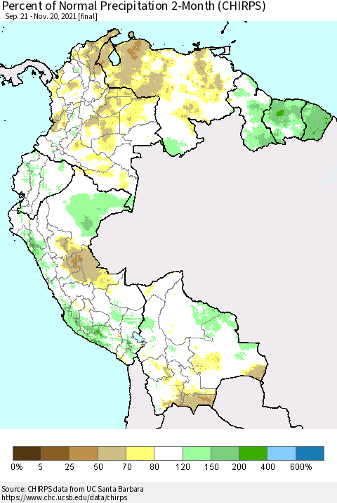 Northern South America Percent of Normal Precipitation 2-Month (CHIRPS) Thematic Map For 9/21/2021 - 11/20/2021