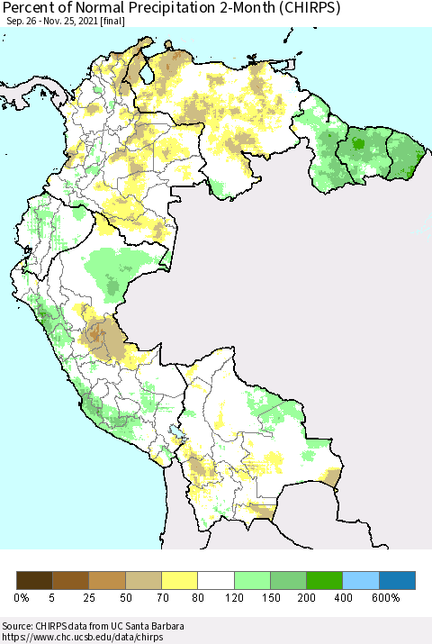 Northern South America Percent of Normal Precipitation 2-Month (CHIRPS) Thematic Map For 9/26/2021 - 11/25/2021
