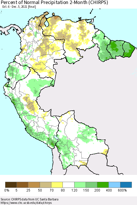 Northern South America Percent of Normal Precipitation 2-Month (CHIRPS) Thematic Map For 10/6/2021 - 12/5/2021