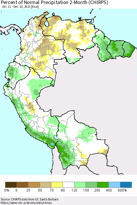 Northern South America Percent of Normal Precipitation 2-Month (CHIRPS) Thematic Map For 10/11/2021 - 12/10/2021