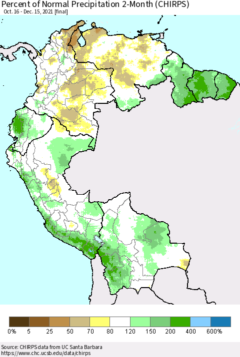 Northern South America Percent of Normal Precipitation 2-Month (CHIRPS) Thematic Map For 10/16/2021 - 12/15/2021