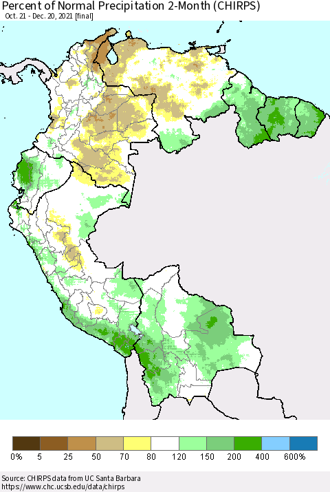 Northern South America Percent of Normal Precipitation 2-Month (CHIRPS) Thematic Map For 10/21/2021 - 12/20/2021