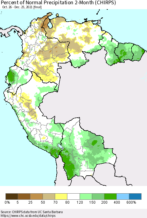 Northern South America Percent of Normal Precipitation 2-Month (CHIRPS) Thematic Map For 10/26/2021 - 12/25/2021