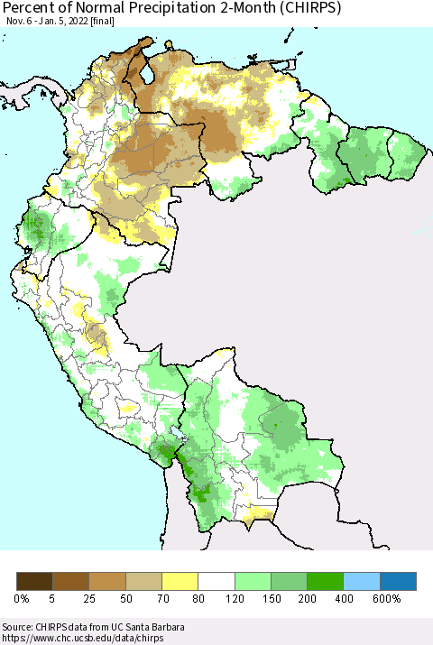 Northern South America Percent of Normal Precipitation 2-Month (CHIRPS) Thematic Map For 11/6/2021 - 1/5/2022