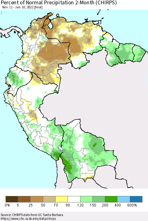 Northern South America Percent of Normal Precipitation 2-Month (CHIRPS) Thematic Map For 11/11/2021 - 1/10/2022