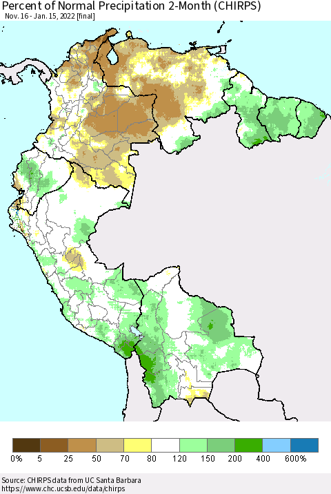 Northern South America Percent of Normal Precipitation 2-Month (CHIRPS) Thematic Map For 11/16/2021 - 1/15/2022
