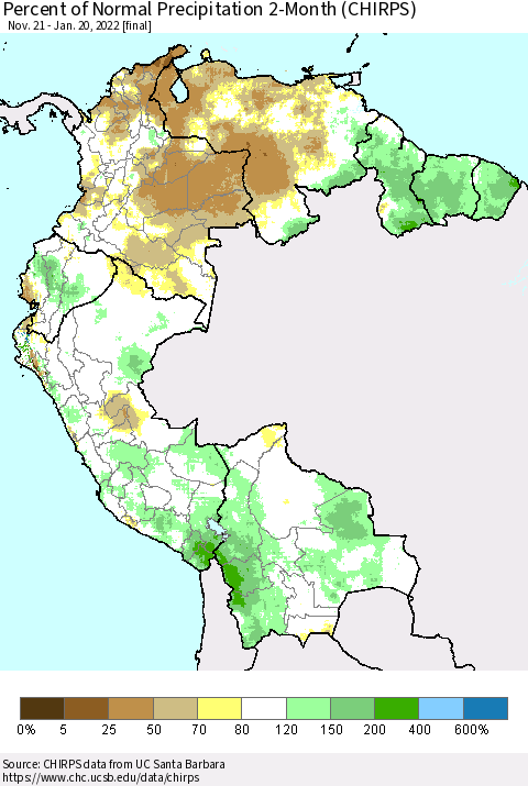 Northern South America Percent of Normal Precipitation 2-Month (CHIRPS) Thematic Map For 11/21/2021 - 1/20/2022