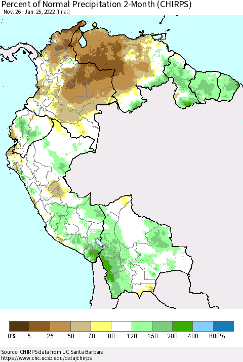 Northern South America Percent of Normal Precipitation 2-Month (CHIRPS) Thematic Map For 11/26/2021 - 1/25/2022