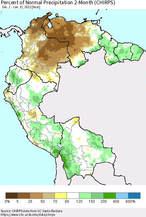 Northern South America Percent of Normal Precipitation 2-Month (CHIRPS) Thematic Map For 12/1/2021 - 1/31/2022