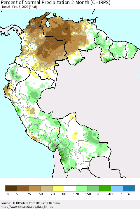 Northern South America Percent of Normal Precipitation 2-Month (CHIRPS) Thematic Map For 12/6/2021 - 2/5/2022