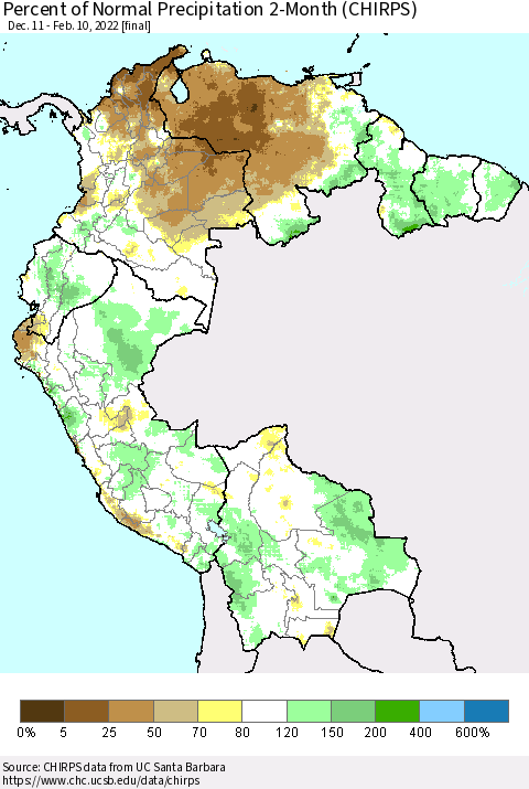 Northern South America Percent of Normal Precipitation 2-Month (CHIRPS) Thematic Map For 12/11/2021 - 2/10/2022