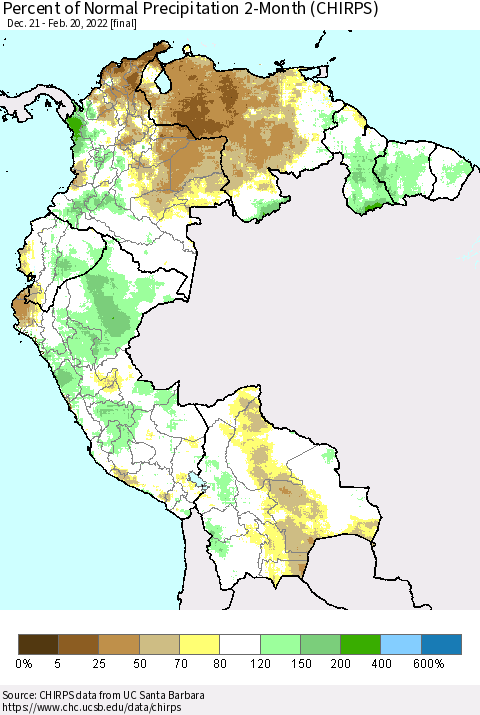 Northern South America Percent of Normal Precipitation 2-Month (CHIRPS) Thematic Map For 12/21/2021 - 2/20/2022