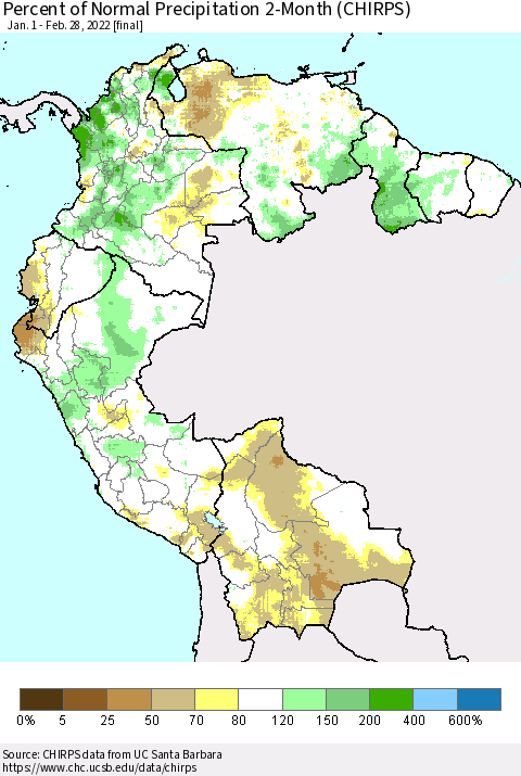 Northern South America Percent of Normal Precipitation 2-Month (CHIRPS) Thematic Map For 1/1/2022 - 2/28/2022