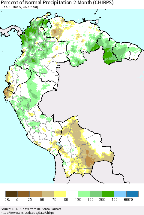 Northern South America Percent of Normal Precipitation 2-Month (CHIRPS) Thematic Map For 1/6/2022 - 3/5/2022