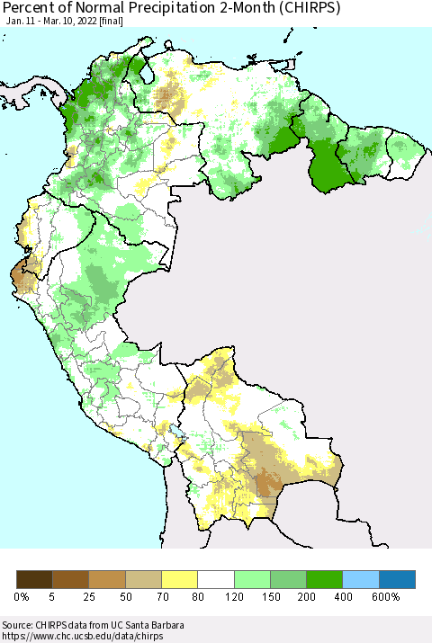 Northern South America Percent of Normal Precipitation 2-Month (CHIRPS) Thematic Map For 1/11/2022 - 3/10/2022