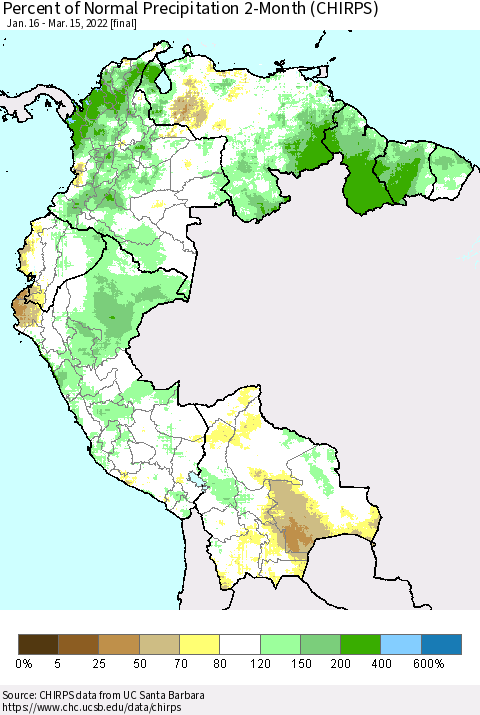 Northern South America Percent of Normal Precipitation 2-Month (CHIRPS) Thematic Map For 1/16/2022 - 3/15/2022