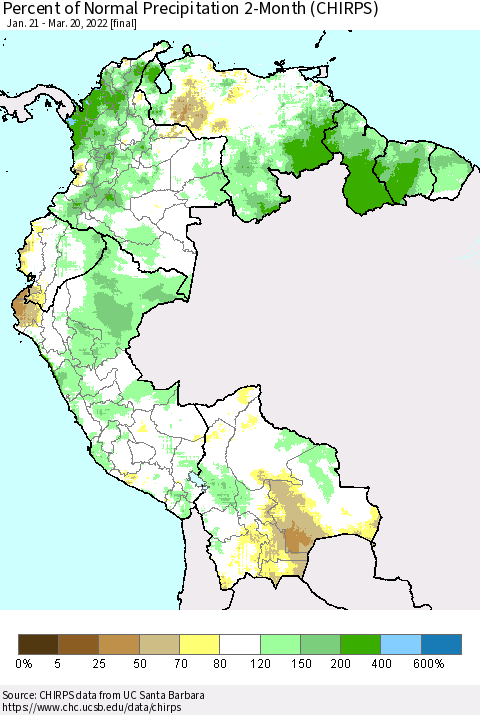 Northern South America Percent of Normal Precipitation 2-Month (CHIRPS) Thematic Map For 1/21/2022 - 3/20/2022