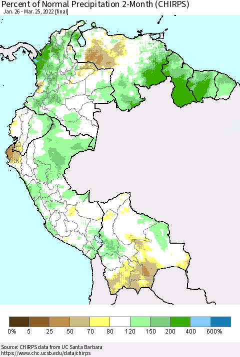 Northern South America Percent of Normal Precipitation 2-Month (CHIRPS) Thematic Map For 1/26/2022 - 3/25/2022