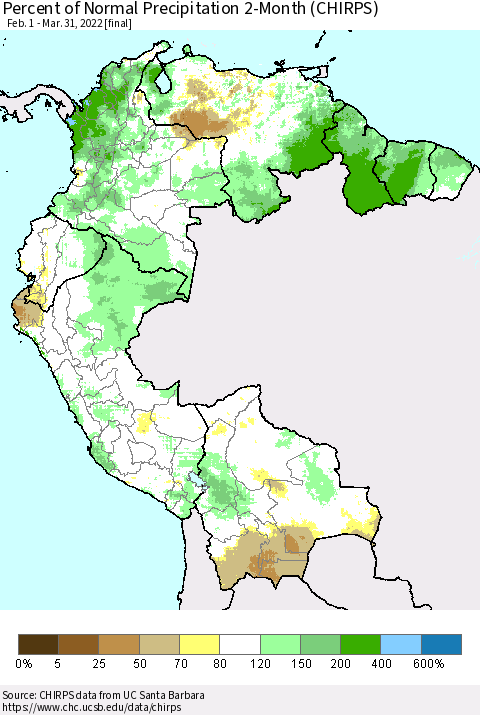Northern South America Percent of Normal Precipitation 2-Month (CHIRPS) Thematic Map For 2/1/2022 - 3/31/2022