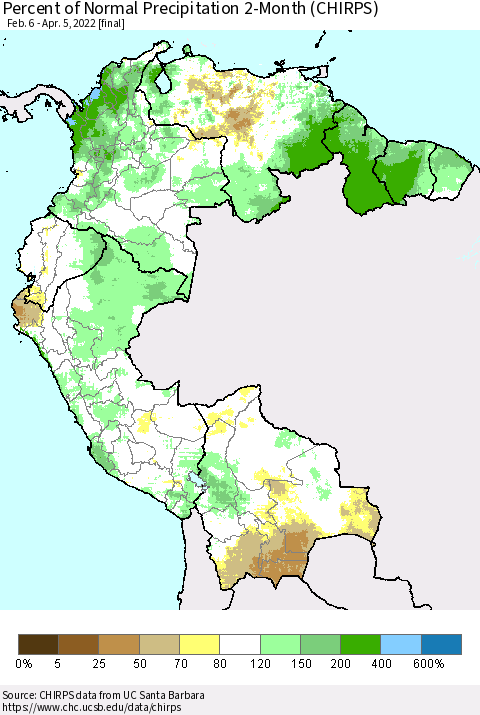 Northern South America Percent of Normal Precipitation 2-Month (CHIRPS) Thematic Map For 2/6/2022 - 4/5/2022
