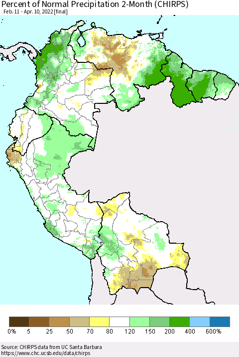 Northern South America Percent of Normal Precipitation 2-Month (CHIRPS) Thematic Map For 2/11/2022 - 4/10/2022