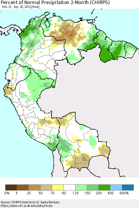 Northern South America Percent of Normal Precipitation 2-Month (CHIRPS) Thematic Map For 2/21/2022 - 4/20/2022