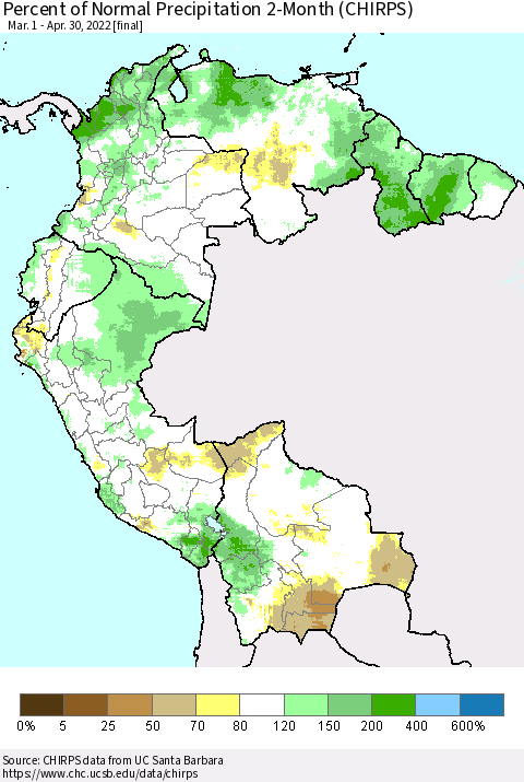 Northern South America Percent of Normal Precipitation 2-Month (CHIRPS) Thematic Map For 3/1/2022 - 4/30/2022
