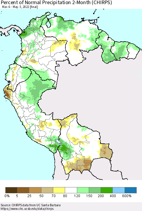 Northern South America Percent of Normal Precipitation 2-Month (CHIRPS) Thematic Map For 3/6/2022 - 5/5/2022