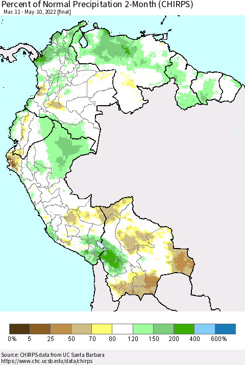 Northern South America Percent of Normal Precipitation 2-Month (CHIRPS) Thematic Map For 3/11/2022 - 5/10/2022