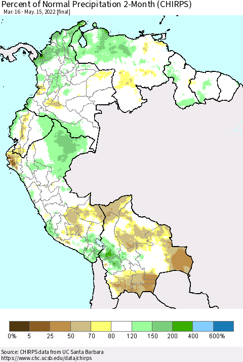Northern South America Percent of Normal Precipitation 2-Month (CHIRPS) Thematic Map For 3/16/2022 - 5/15/2022