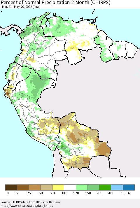 Northern South America Percent of Normal Precipitation 2-Month (CHIRPS) Thematic Map For 3/21/2022 - 5/20/2022
