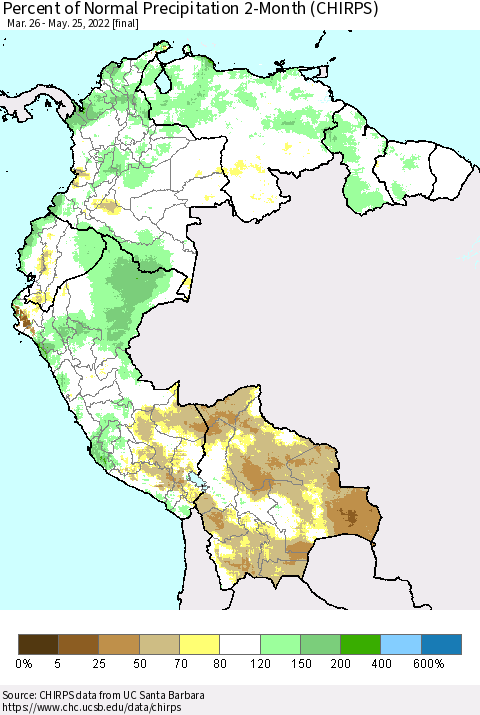 Northern South America Percent of Normal Precipitation 2-Month (CHIRPS) Thematic Map For 3/26/2022 - 5/25/2022