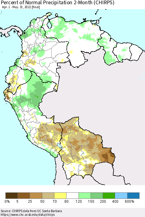 Northern South America Percent of Normal Precipitation 2-Month (CHIRPS) Thematic Map For 4/1/2022 - 5/31/2022