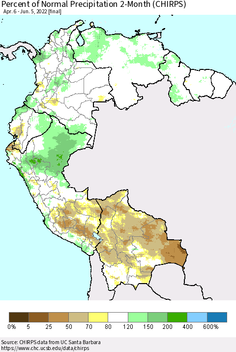 Northern South America Percent of Normal Precipitation 2-Month (CHIRPS) Thematic Map For 4/6/2022 - 6/5/2022