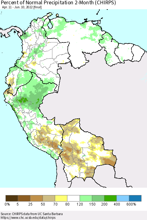 Northern South America Percent of Normal Precipitation 2-Month (CHIRPS) Thematic Map For 4/11/2022 - 6/10/2022