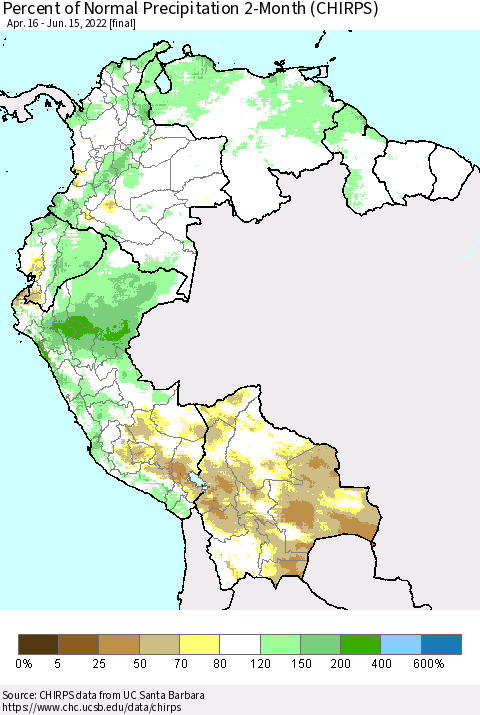 Northern South America Percent of Normal Precipitation 2-Month (CHIRPS) Thematic Map For 4/16/2022 - 6/15/2022