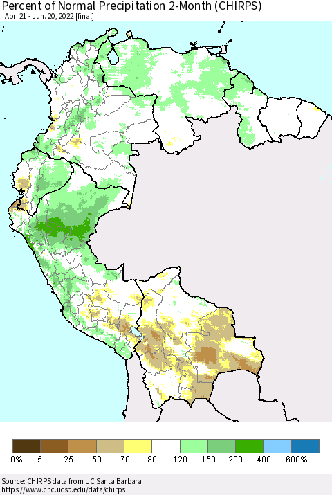 Northern South America Percent of Normal Precipitation 2-Month (CHIRPS) Thematic Map For 4/21/2022 - 6/20/2022