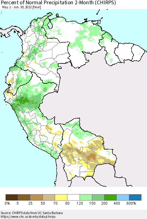 Northern South America Percent of Normal Precipitation 2-Month (CHIRPS) Thematic Map For 5/1/2022 - 6/30/2022