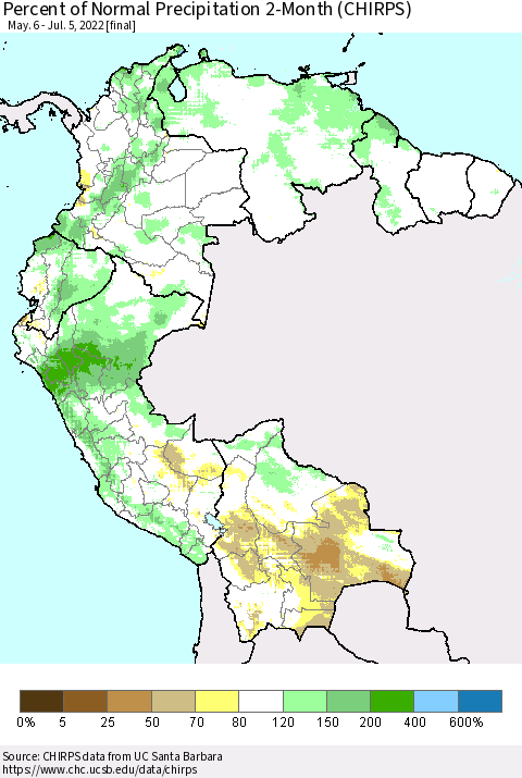 Northern South America Percent of Normal Precipitation 2-Month (CHIRPS) Thematic Map For 5/6/2022 - 7/5/2022