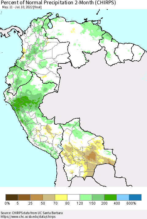 Northern South America Percent of Normal Precipitation 2-Month (CHIRPS) Thematic Map For 5/11/2022 - 7/10/2022