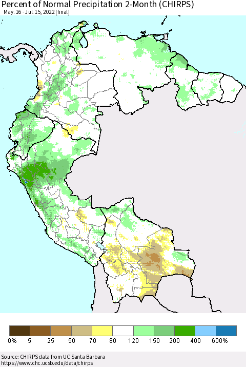 Northern South America Percent of Normal Precipitation 2-Month (CHIRPS) Thematic Map For 5/16/2022 - 7/15/2022