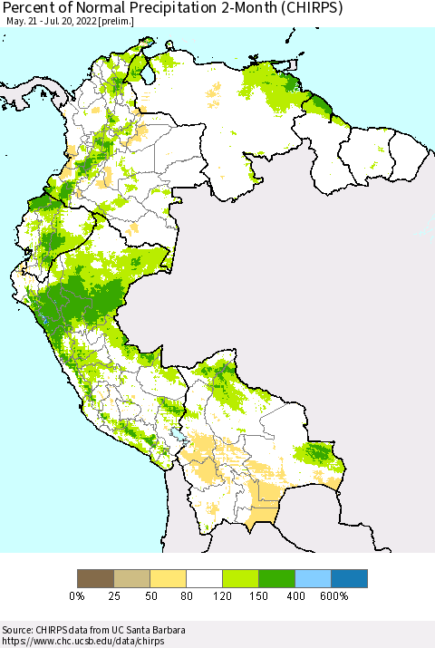 Northern South America Percent of Normal Precipitation 2-Month (CHIRPS) Thematic Map For 5/21/2022 - 7/20/2022