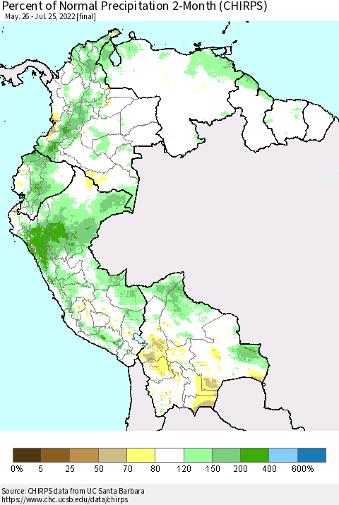 Northern South America Percent of Normal Precipitation 2-Month (CHIRPS) Thematic Map For 5/26/2022 - 7/25/2022