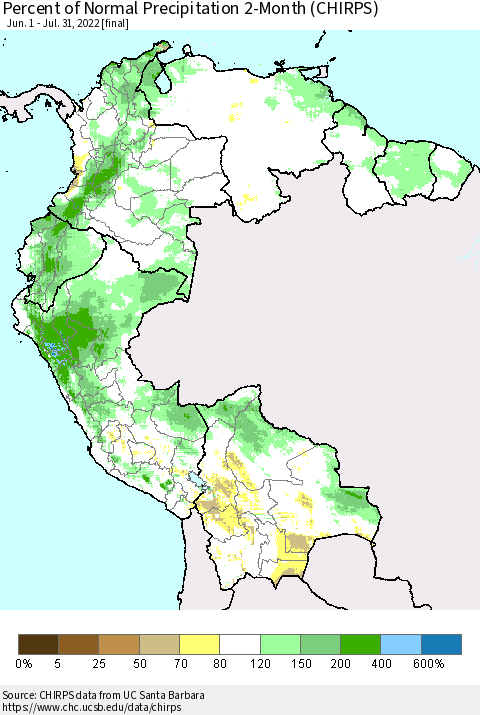 Northern South America Percent of Normal Precipitation 2-Month (CHIRPS) Thematic Map For 6/1/2022 - 7/31/2022