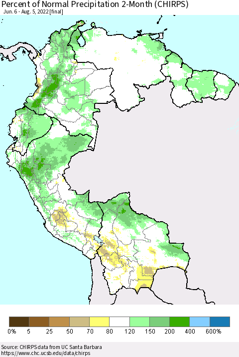 Northern South America Percent of Normal Precipitation 2-Month (CHIRPS) Thematic Map For 6/6/2022 - 8/5/2022