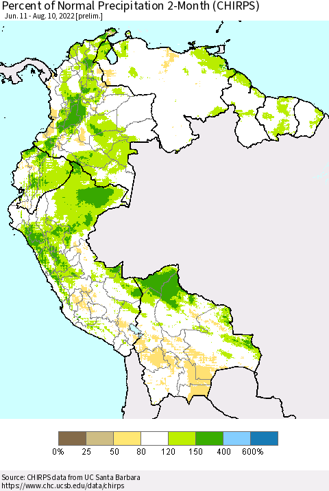 Northern South America Percent of Normal Precipitation 2-Month (CHIRPS) Thematic Map For 6/11/2022 - 8/10/2022