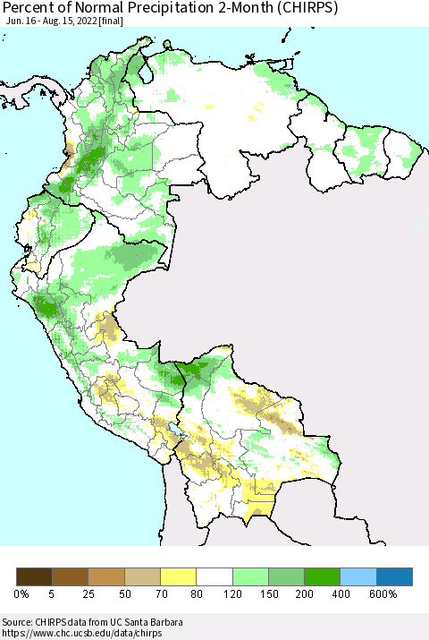Northern South America Percent of Normal Precipitation 2-Month (CHIRPS) Thematic Map For 6/16/2022 - 8/15/2022
