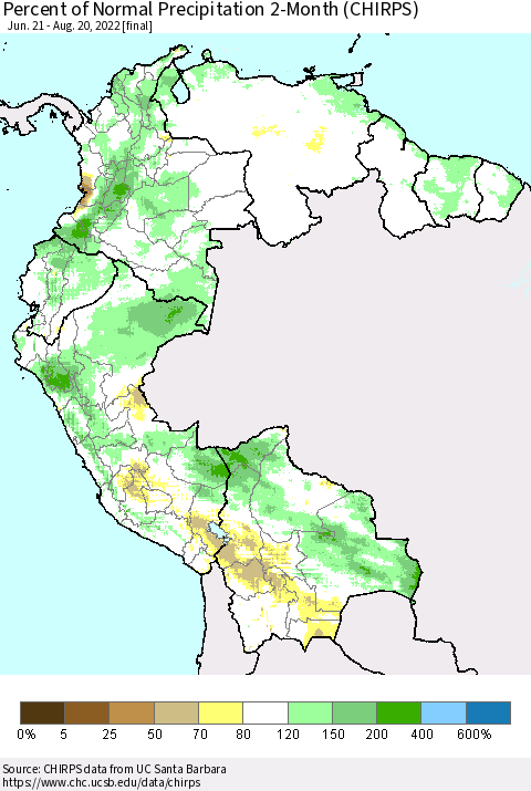 Northern South America Percent of Normal Precipitation 2-Month (CHIRPS) Thematic Map For 6/21/2022 - 8/20/2022